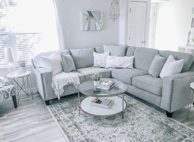 Cool Gray Sectional With Studded Arm Rests