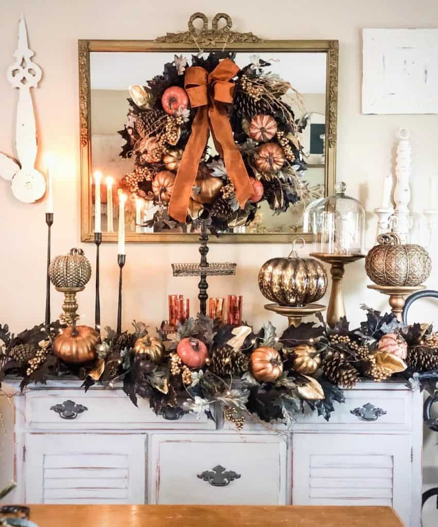 Copper Wreath Hangs on Mirror