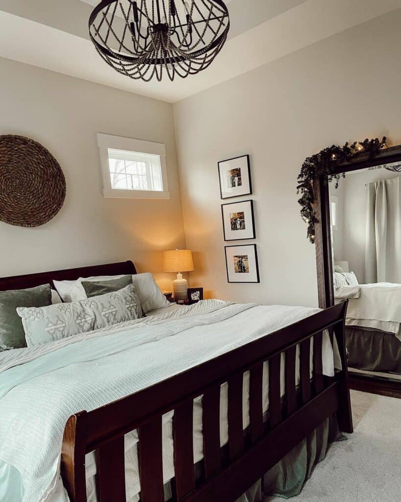 Cozy Black and White Bedroom with Wood Accents