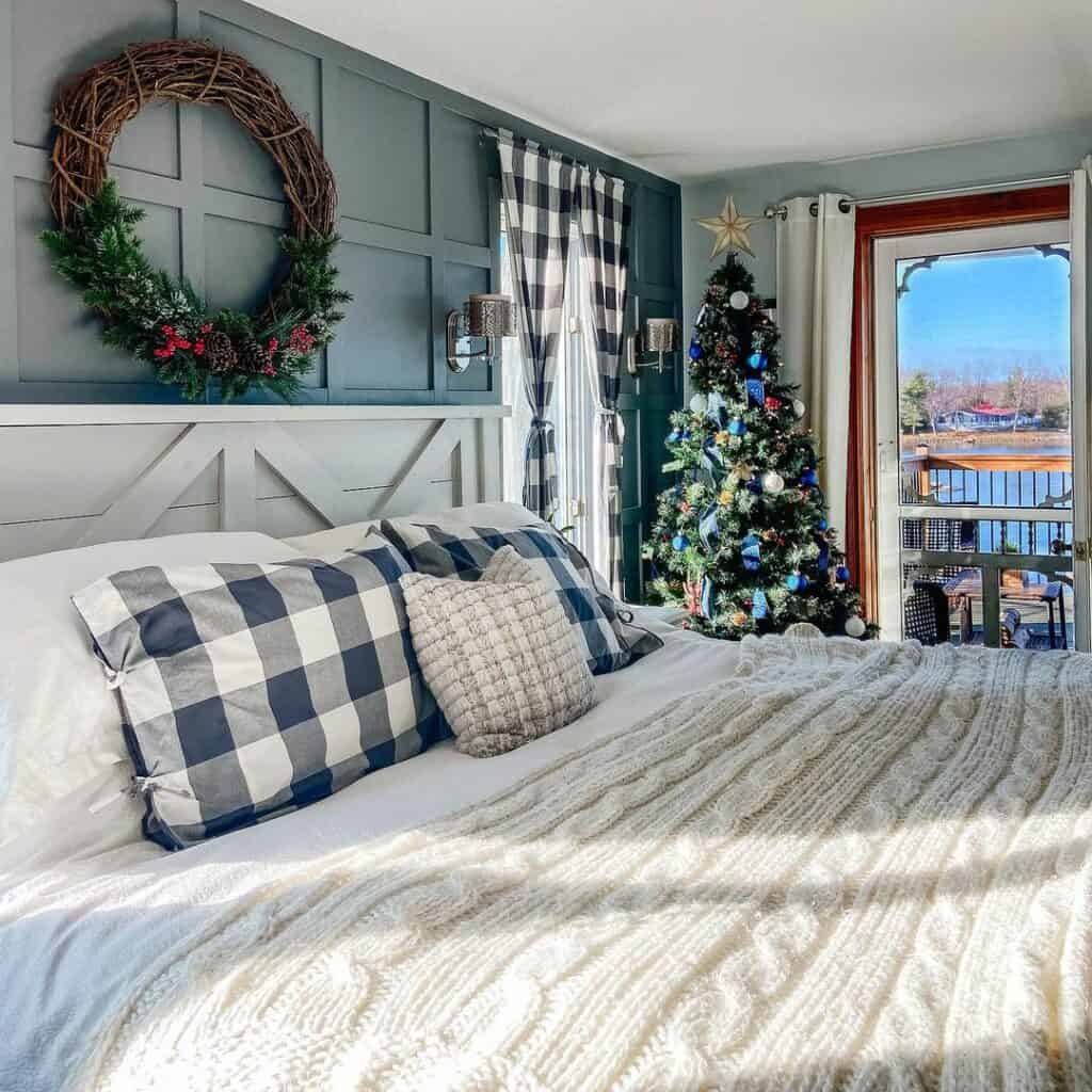 Cozy Christmas Bedroom Blue Accent Wall