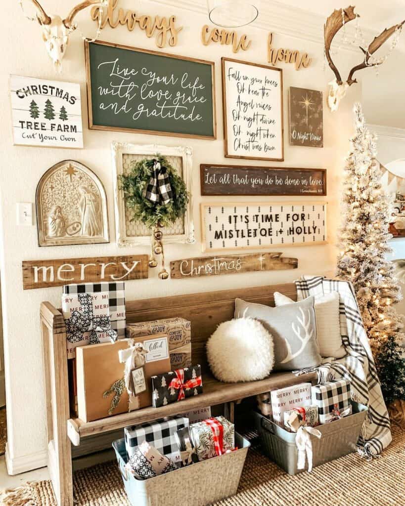 Cozy Christmas Farmhouse Entryway with Black and White Plaid Accents