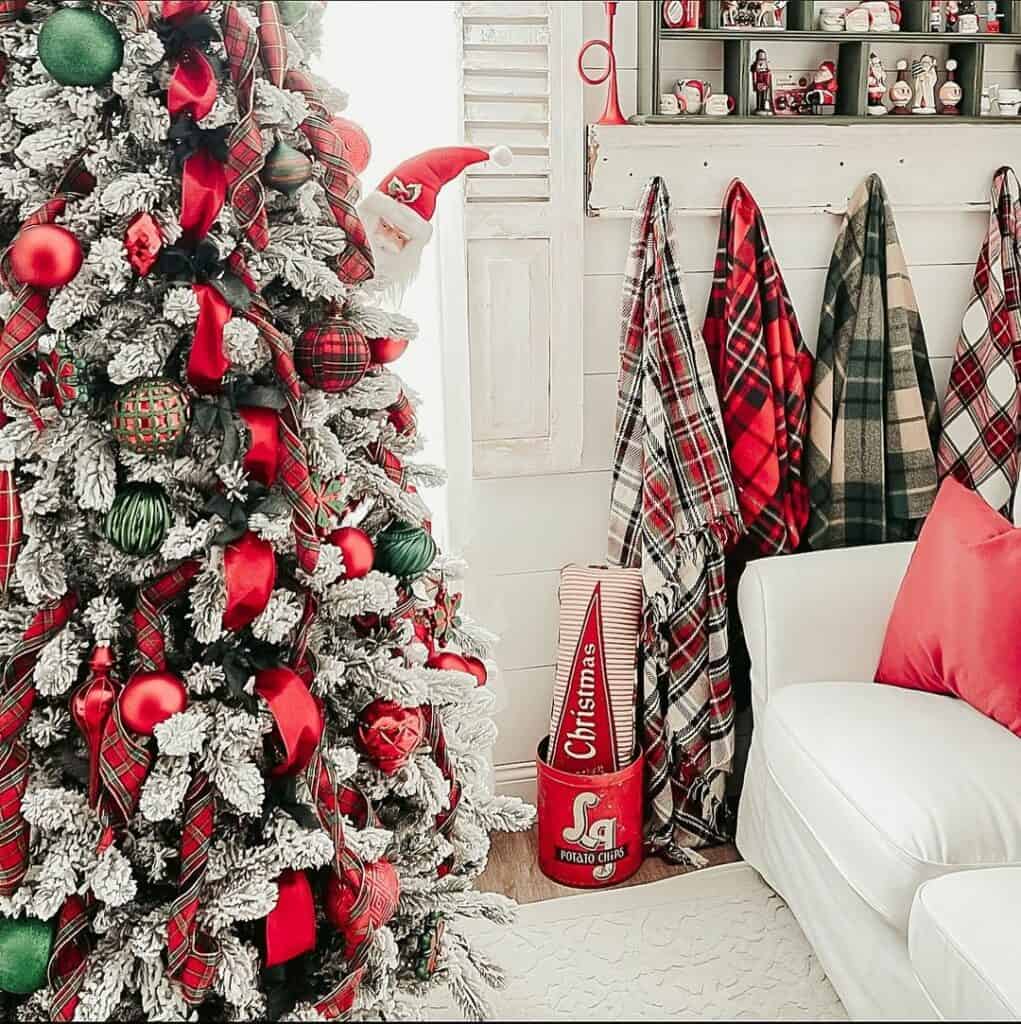 Cozy Christmas Living Room with Plaid Blankets