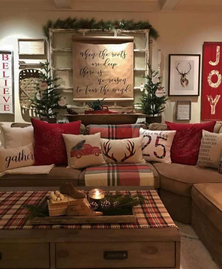 Cozy Christmas Living Room with Plaid Décor