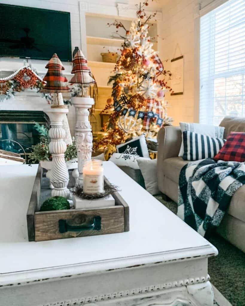 Cozy Living Room with Festive Plaid Christmas Tree