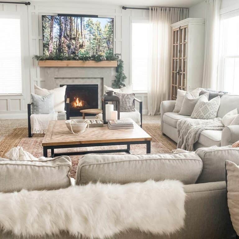 Cozy Lounge with Gray and Wood Fireplace Mantel