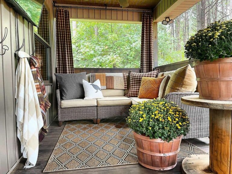 Cozy Outdoor Seating Room with Plaid Shading Curtains
