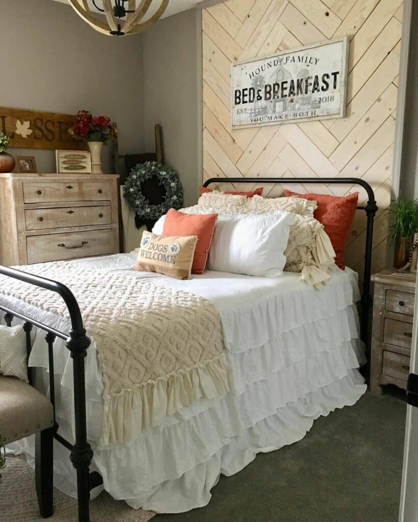 Cozy Vintage Bedroom with Herringbone Shiplap Accent Wall