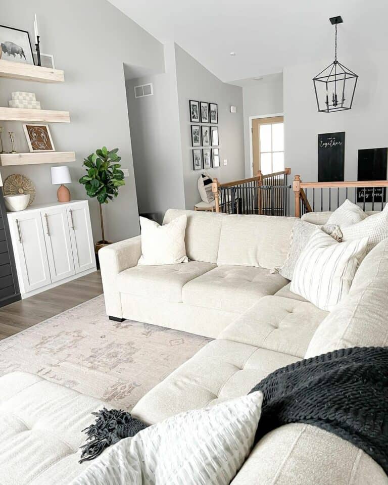 Cream Colored Sectional in Farmhouse Living Room