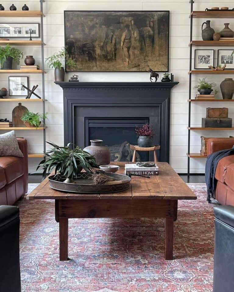 Dark Black Fireplace Mantel in Antique Living Room