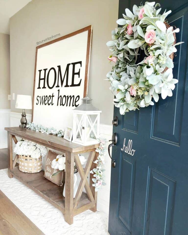 Dark Blue Door with Pink Flower Summertime Wreath