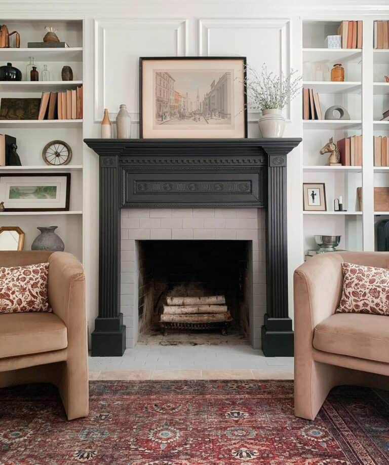 Dark Fireplace Mantel with Light Brick Hearth