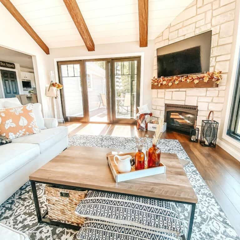 Dark Wood Beams on a Shiplap Ceiling