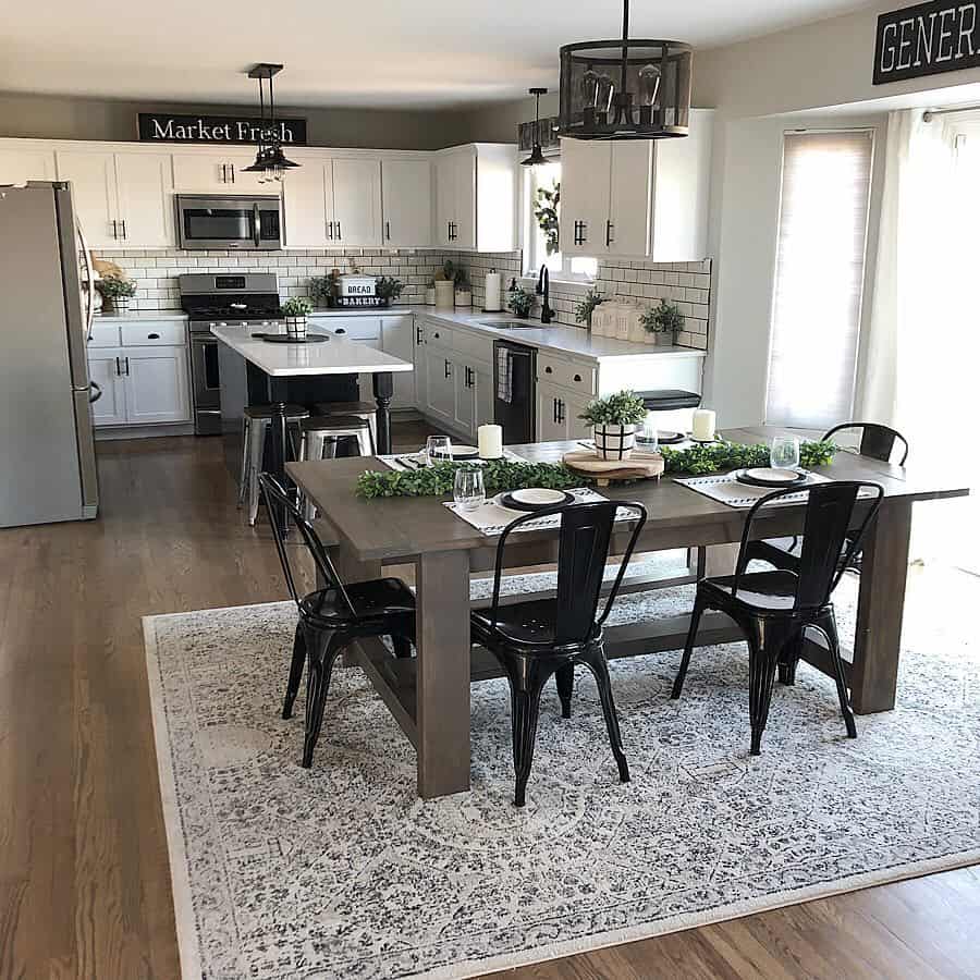 Dark Wood Farmhouse Kitchen Table With Black Metal Chairs