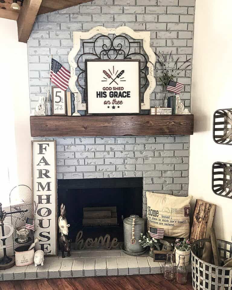 Dark Wood Mantel on Gray Brick Fireplace