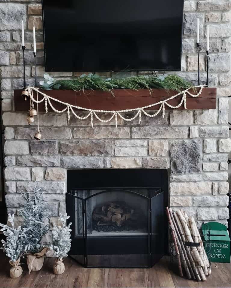 Dark Wood Mantel with Gray Stone Fireplace