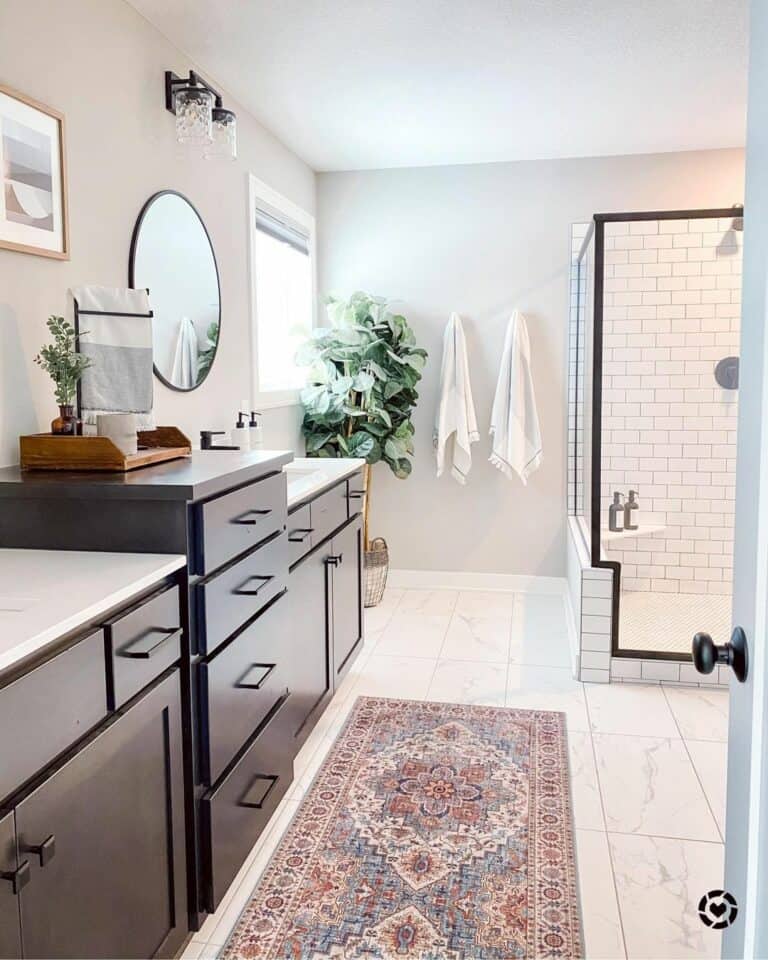 Dark Wood Vanity Bathroom With White Subway Tile Shower
