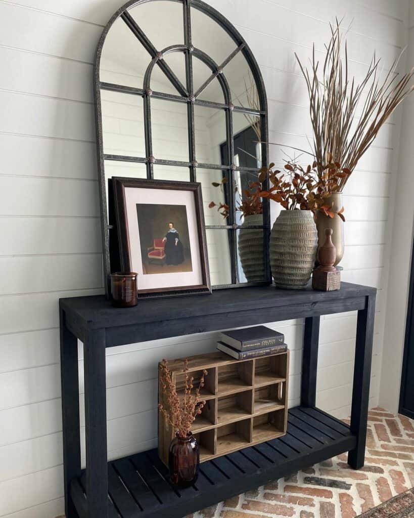 Dark and Rustic Entryway with Shiplap Wall