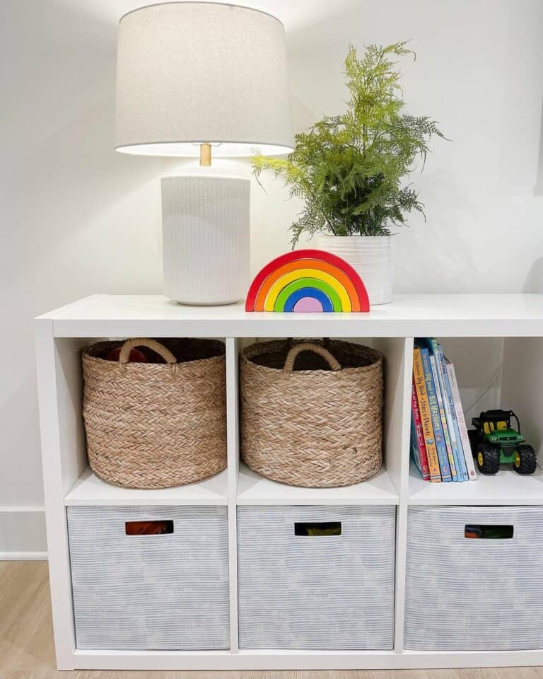 Decorative Rainbow on White Playroom Shelves