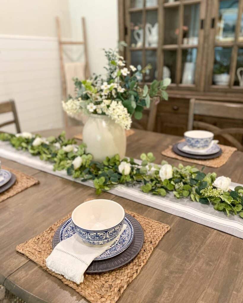 Dining Room Table with Blue and White Dishes