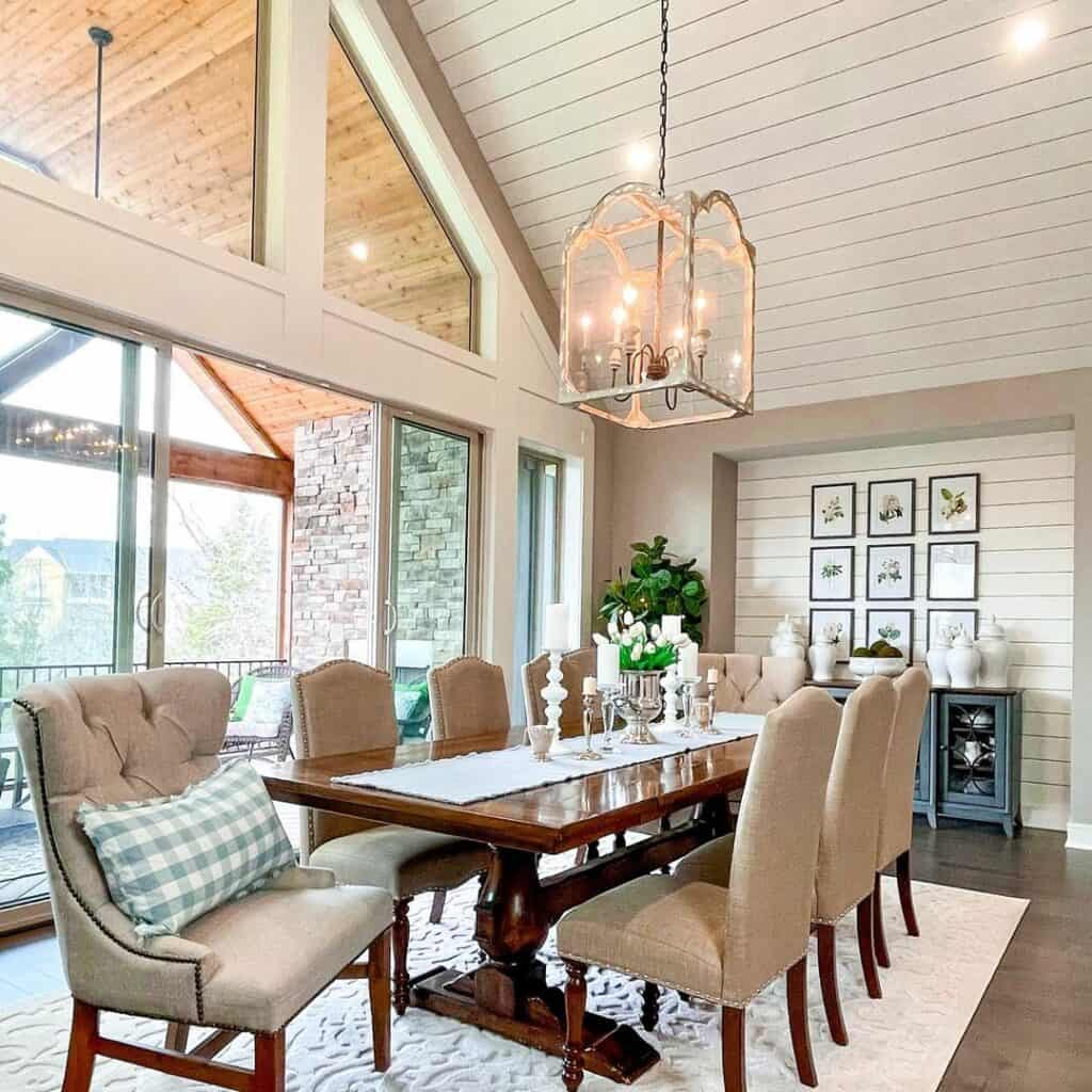 Dining Space With White Cathedral Ceiling