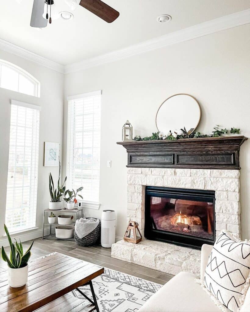 Distressed Dark Brown Mantel with Stone Fireplace