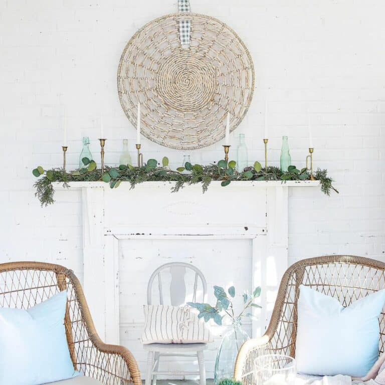 Distressed Wooden Faux Fireplace in Sunroom