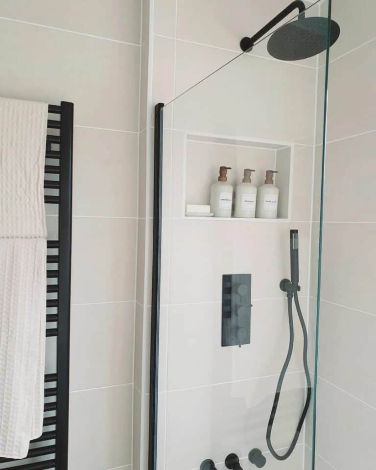 Doorless Walk In Shower With Black Rain Shower Head