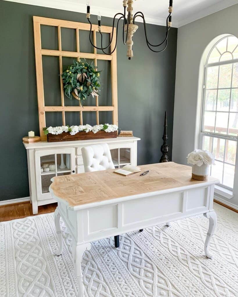 Elegant Desk in a Green and White Home Office