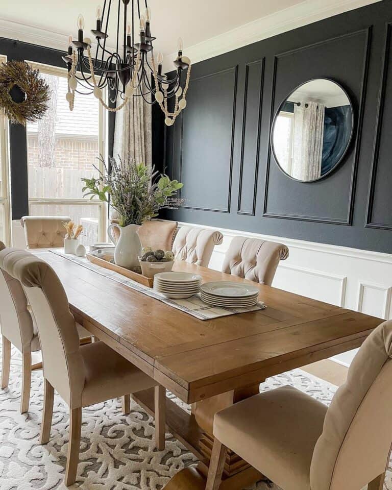 Elegant Dining Room With White and Green Millwork