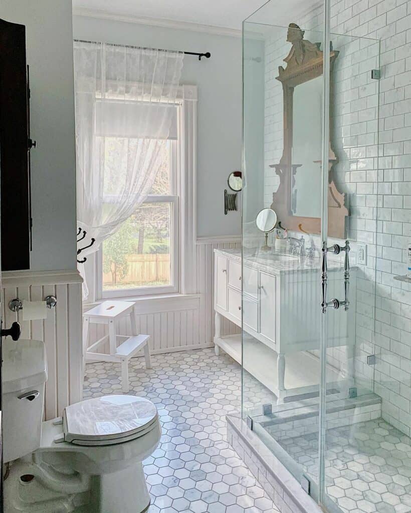Elegant White Bathroom With Walk-in Shower