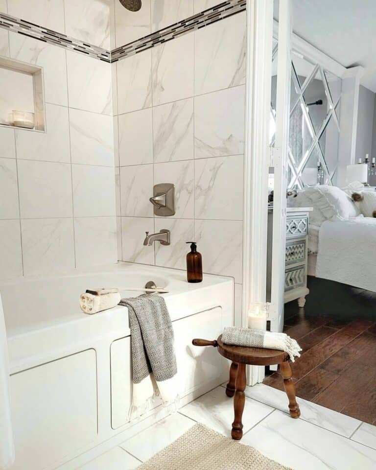 Ensuite Bathroom With Stained Wood Stool