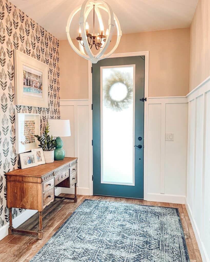 Entryway Accent Wall With White and Black Wallpaper