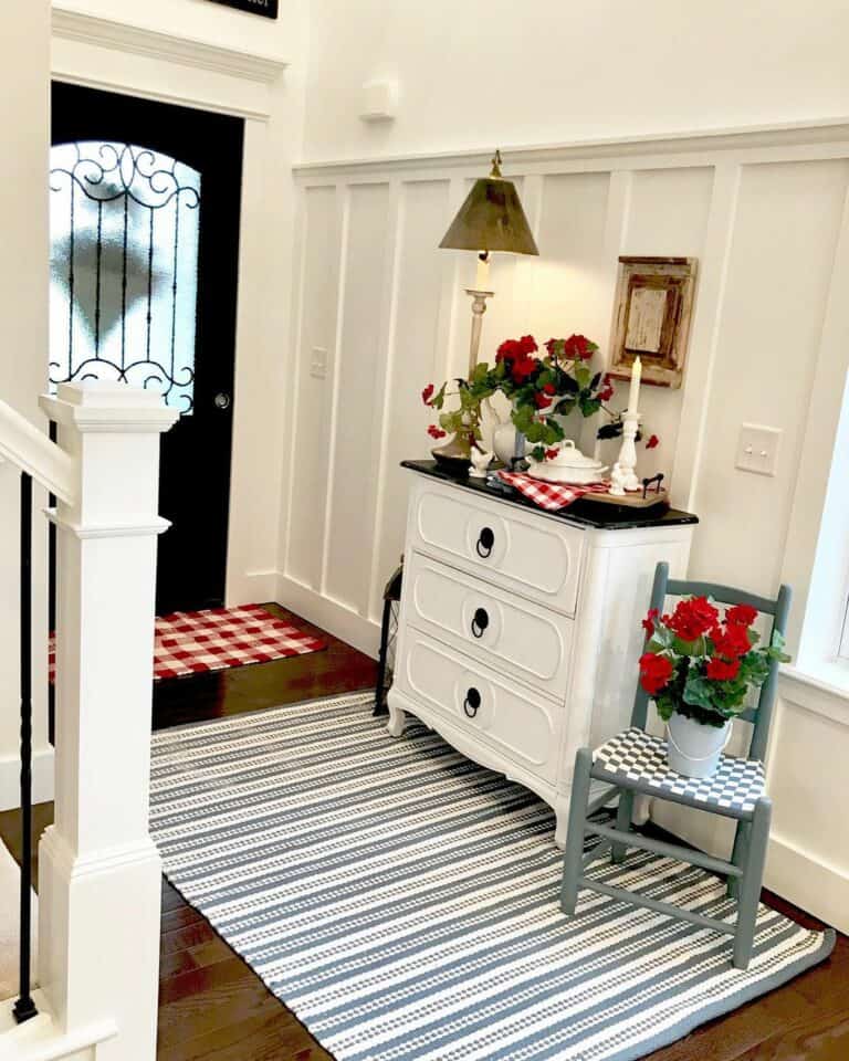 Entryway Table Décor with Red Accents