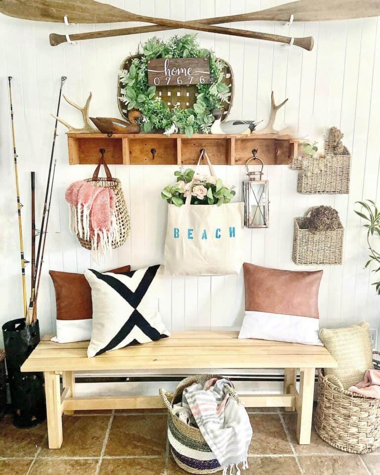 Entryway with Wicker and Wood Coastal Farmhouse Accents