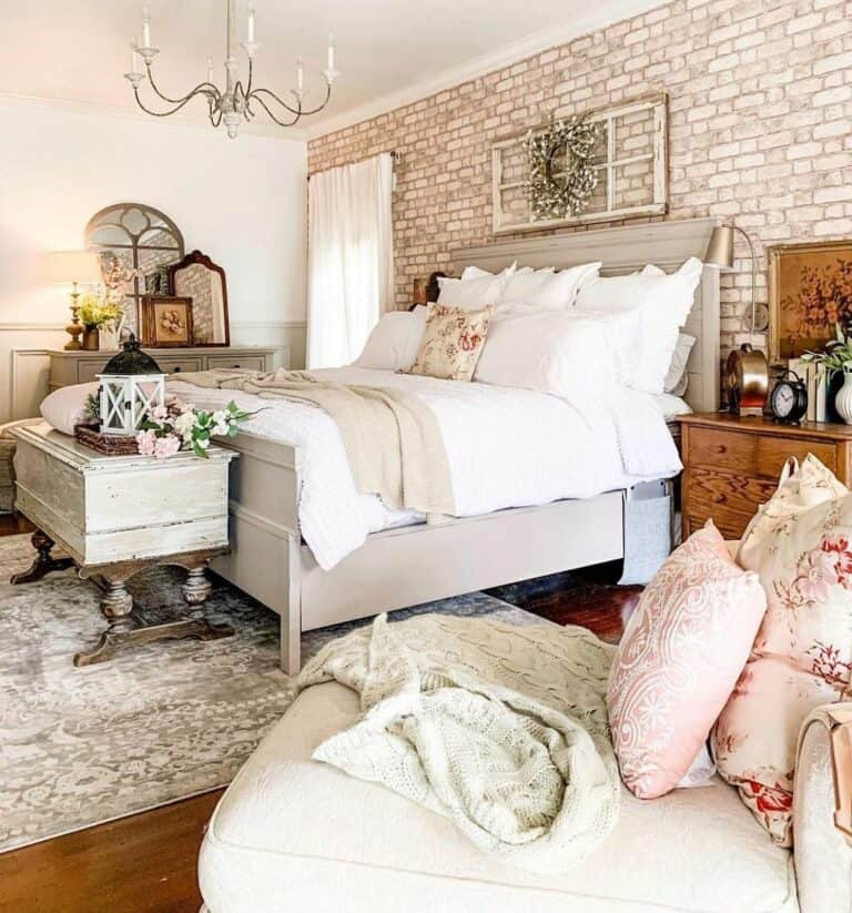 Exposed Brick Accent Wallpaper in Rustic Bedroom