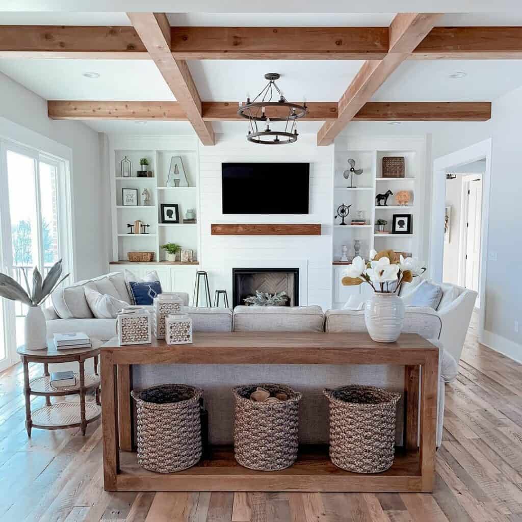 Exposed Wood Ceiling Beams and Console Table