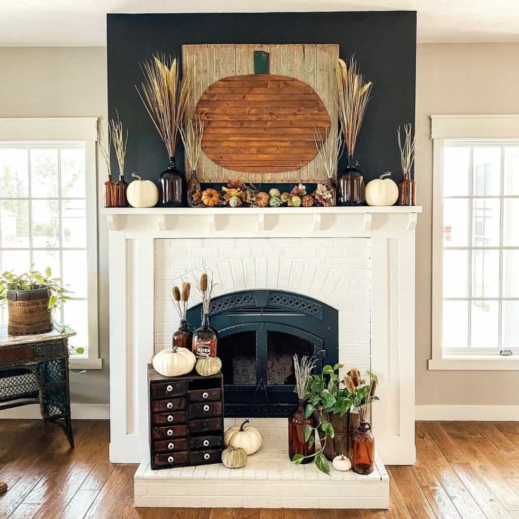 Fall Fireplace Décor for White Painted Brick Fireplace