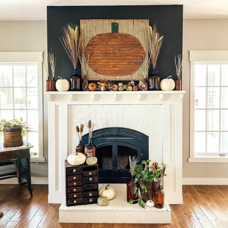 Fall Fireplace Décor for White Painted Brick Fireplace