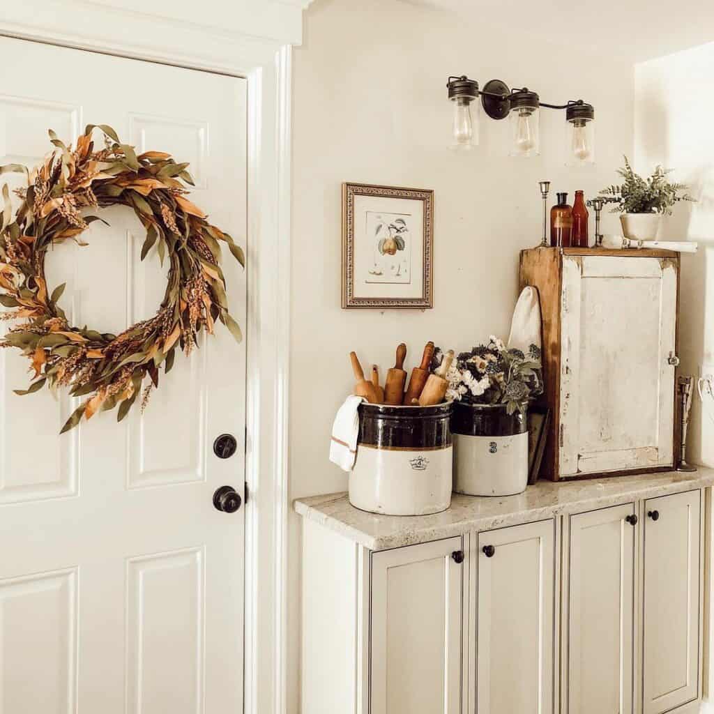 Fall Wreath in White Kitchen