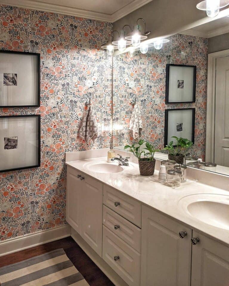 Farmhouse Bathroom with Blue and Orange Abstract Wallpaper
