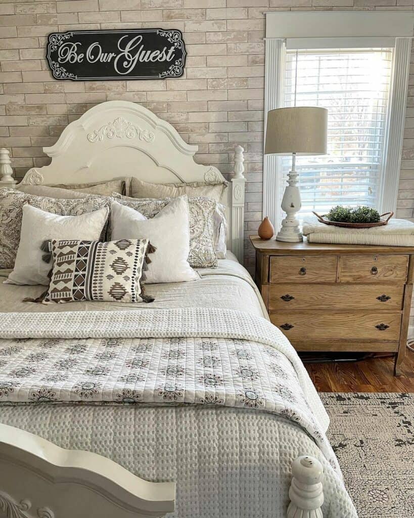 Farmhouse Bedroom With a Large Rustic Nightstand