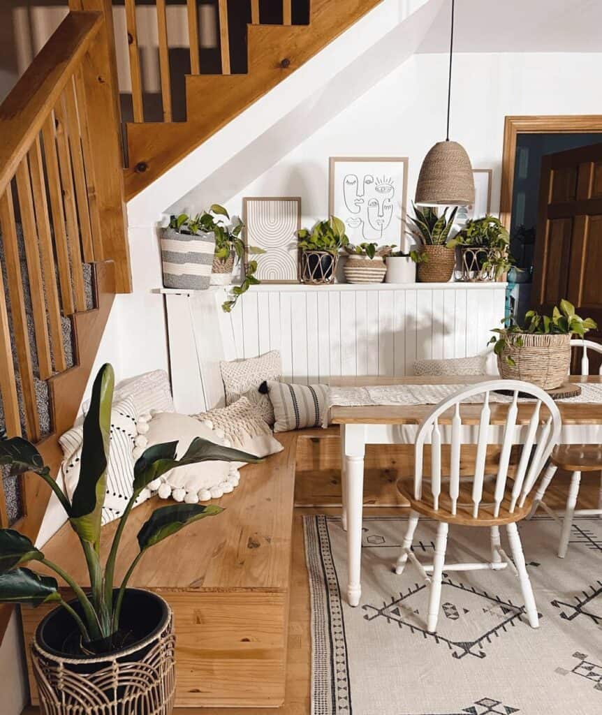 Farmhouse Breakfast Nook Bench Decorated with Plants