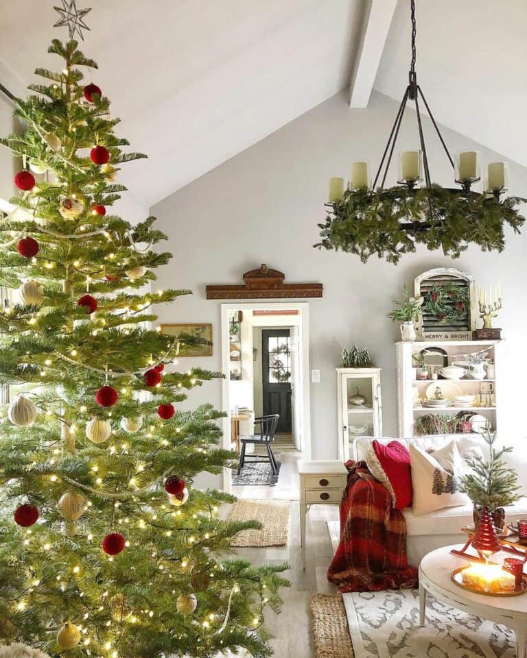 Farmhouse Chandelier in Vaulted Ceiling Living Room