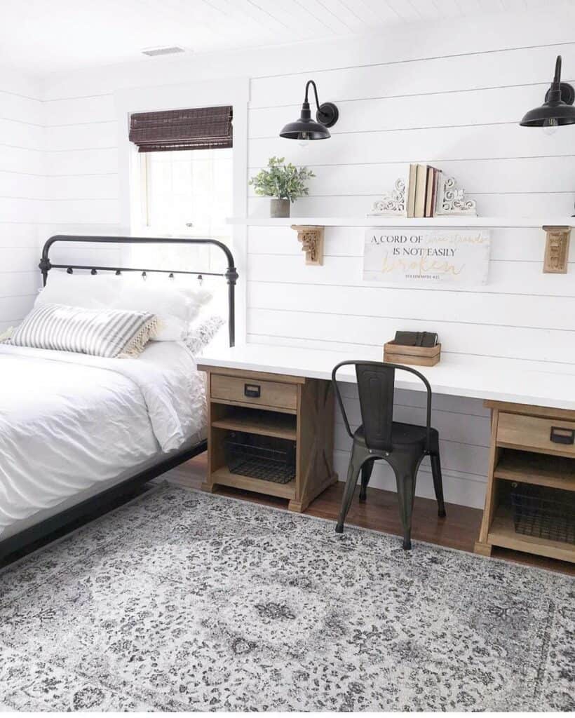 Farmhouse Desk and Shelf on Shiplap Paneling Wall