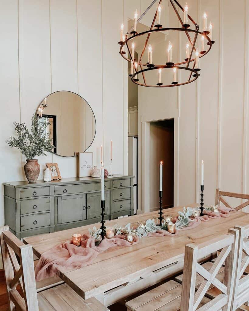 Farmhouse Dining Room with Romantic Centerpiece