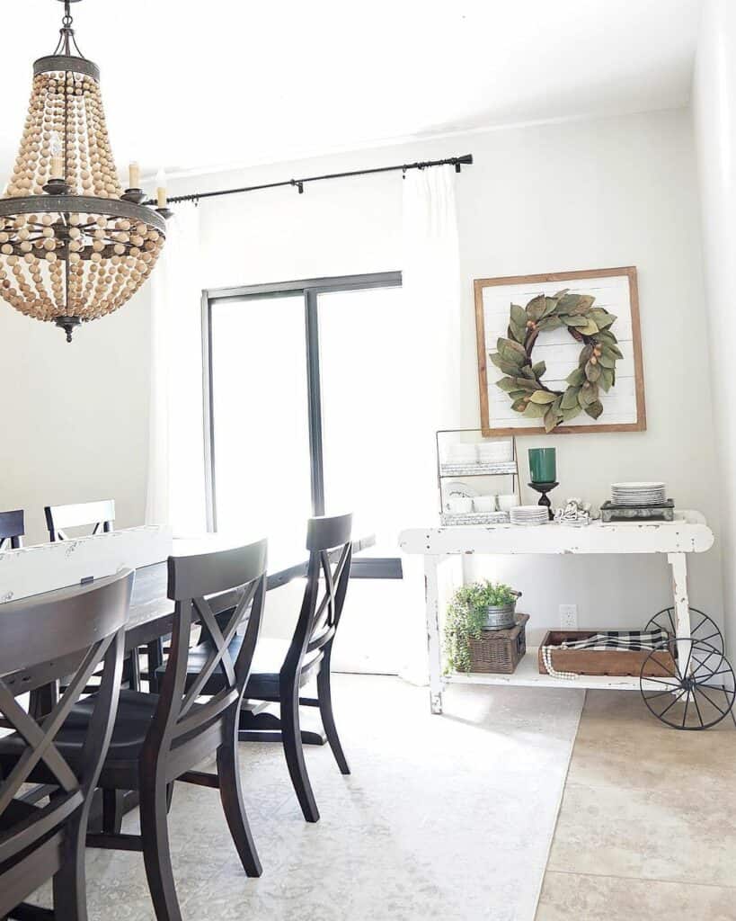 Farmhouse Dining Room with White Bar Cart