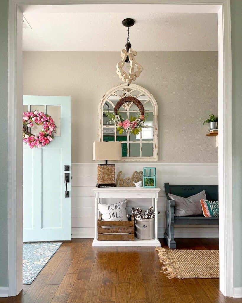 Farmhouse Entryway Hosts Rustic Furniture