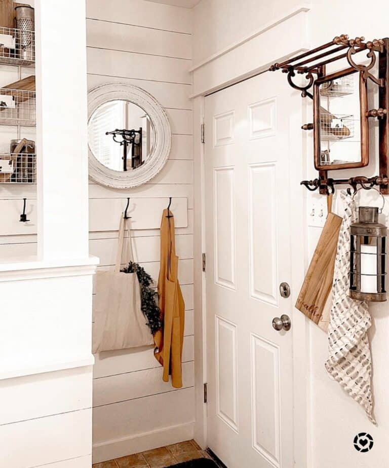 Farmhouse Entryway with Shiplap and Rustic Mirrors