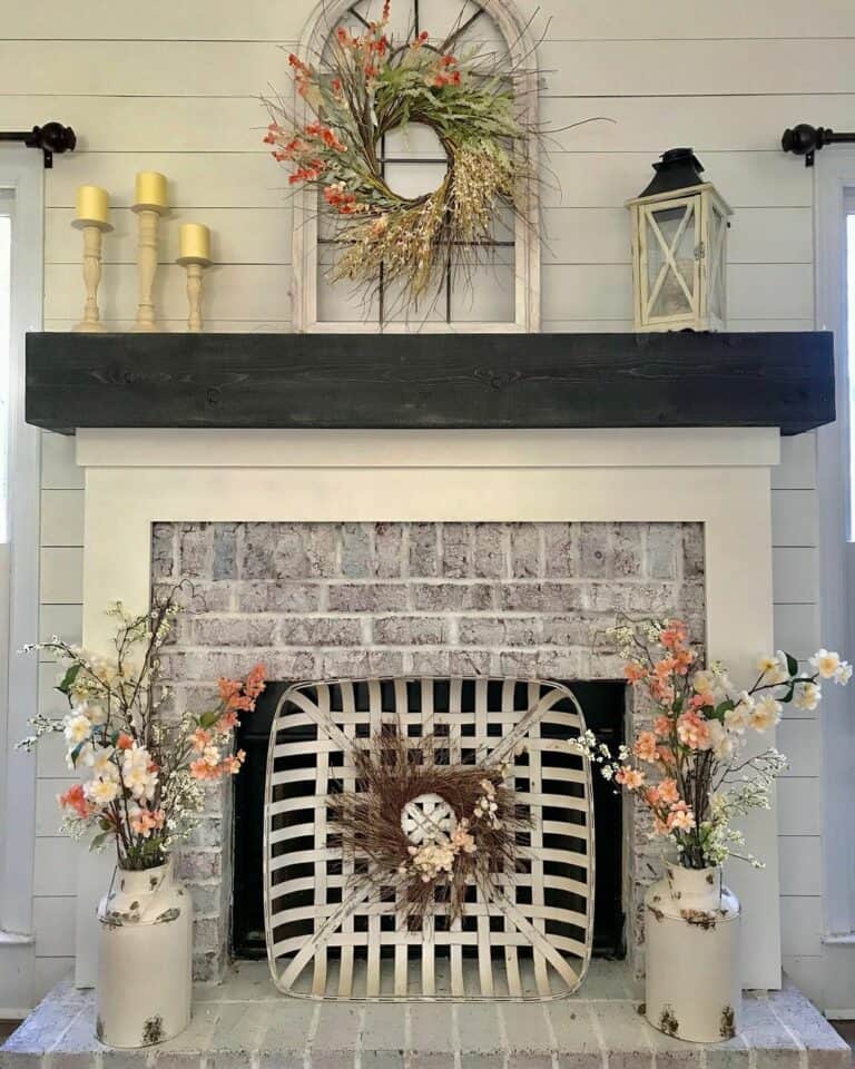 Farmhouse Fireplace with Black Wooden Mantel