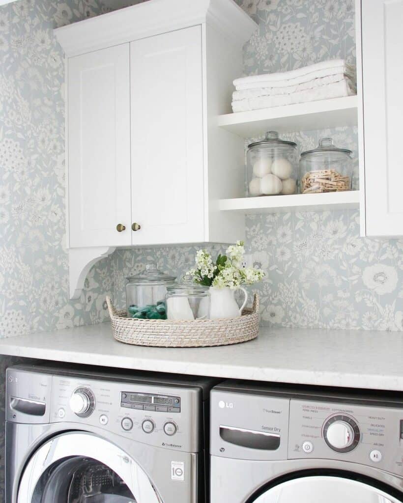 Farmhouse Laundry Room With Blue and White Botanical Wallpaper